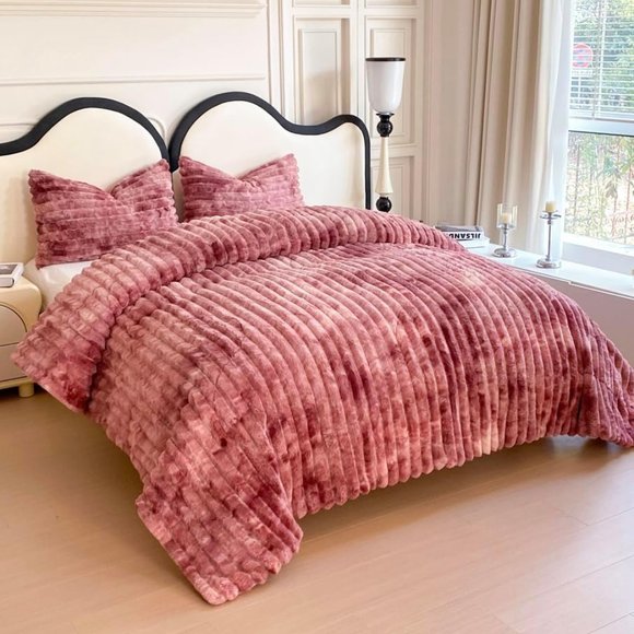 Rose Pink Tie Dye Soft Faux Fur Bedding Set Mauve Comforter Shams
